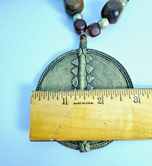 Vintage Brass Pendant Necklace Large Tribal Style Medallion Wood Metal Beads 30″
