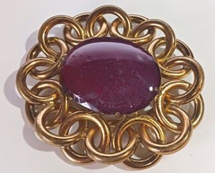 Large Vintage Brooch: Mottled Red-Purple Glass Stone in Interlocked Brass Rings