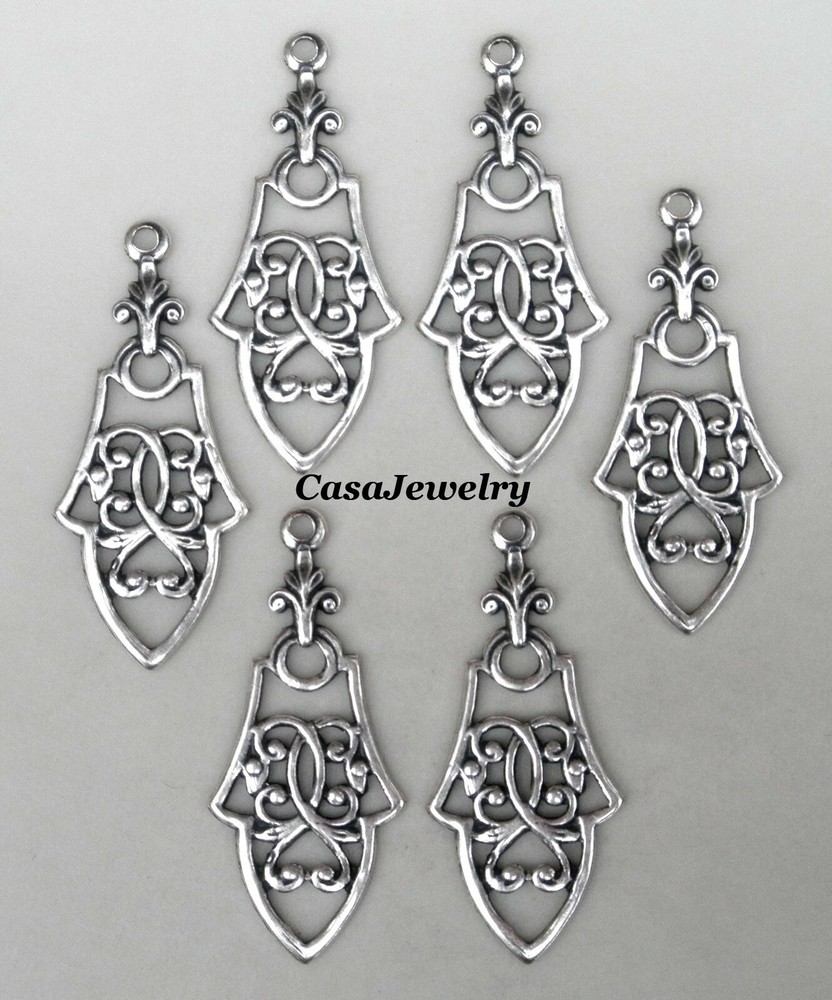 #0154 ANTIQUED STERLING SILVER PLATED FILIGREE PENDANT/EARRING W/HANG RING -6 Pc