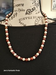 Vintage Pearl & Red Ocean Jasper Beaded Necklace 24 Inches Gold Clasp