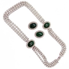Eisenberg Ice Signed Green Glass Cabochon Clear Rhinestone Necklace Earring Set
