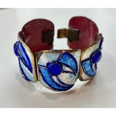 Andrée Bazot Paris Enamel Cuff Bracelet Earrings Blue Poured Glass Demi Parure