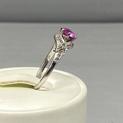 Pink Sapphire Ring Silver Tone Band Round Faceted Stone Ornate Birthstone 8