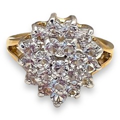 Vintage 1980s CZ Cocktail Ring Size 5 Halo Dome Two Tone Gold Plated – 14G
