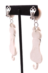 White Cat Kitty Earrings READ Vintage 80s Clay Ceramic Rhinestone Dangle Clip-On
