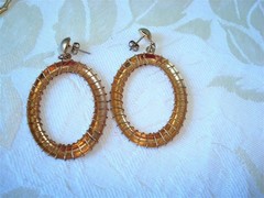 Vintage Pierced Earrings With Wire Wrapped Brass Tone Hoop Dangles KJ