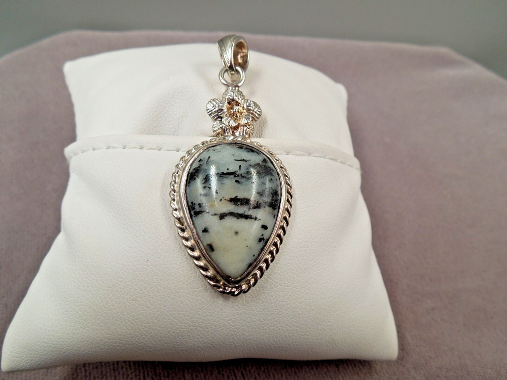 Vintage Southwest Sterling White Buffalo Turquoise Flower Teardrop Pendant