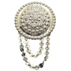 Silver Tone Domed Round Floral Brooch With Dangle Chains Vintage 1.6in W