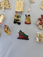 Christmas Brooches Pin Earrings Lot Enamel Avon Gerrys JJ Vtg Holiday Lot Of 19