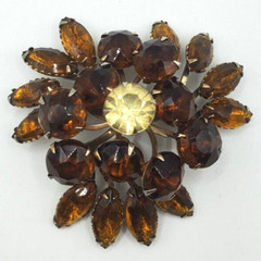 Vintage Rhinestones Brooch Topaz Amber Color Flower Prong Set Stones Pin