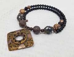Vintage Tribal Back & Brown Beaded Neck Ring with Enameled Copper Square Pendant
