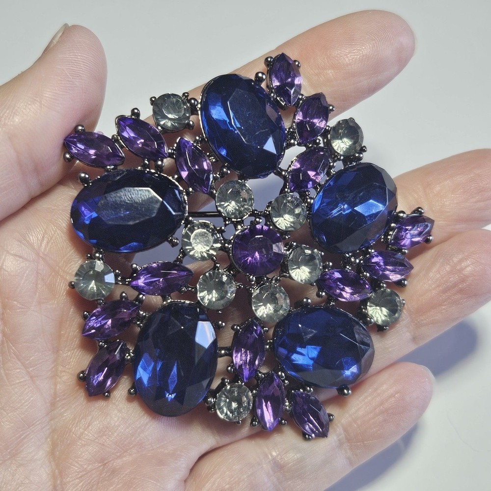 Dark Silver Tone Purple Blue Gray Rhinestone Brooch