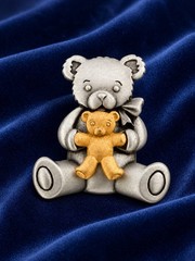 Vintage JJ Teddy Bear Brooch Silver Gold Tone Bear Holding Teddy Pin 2”