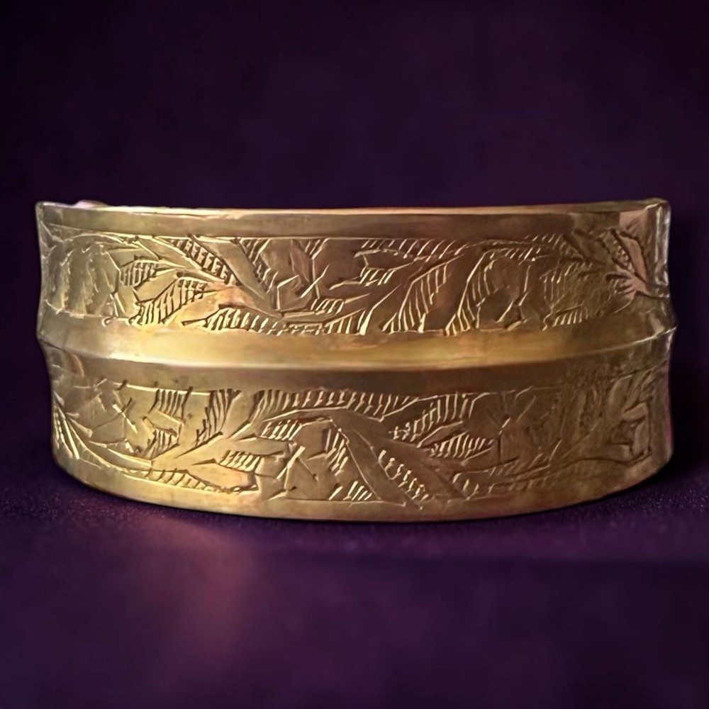 Brass Cuff Bracelet Vintage Wide Floral Engraved Boho 1970s 6 Inch Adjustable