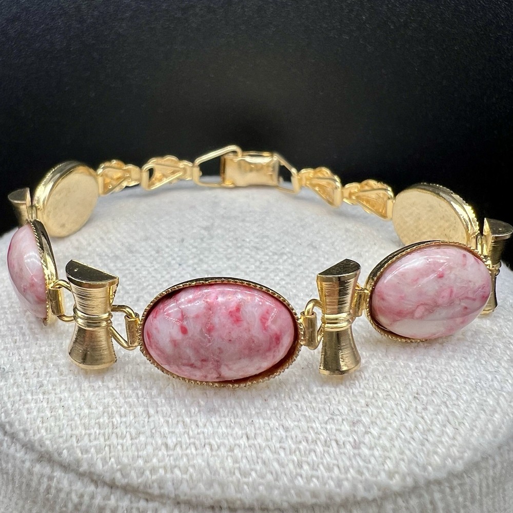 Vintage Gold Tone Mottled Pink Confetti Cabochon Link Bracelet Retro Mid Century