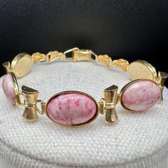 Vintage Gold Tone Mottled Pink Confetti Cabochon Link Bracelet Retro Mid Century