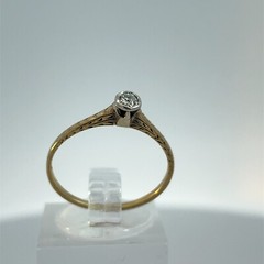 14K Antique Yellow/White Gold Solitaire Old European Cut .05 Ct Detailed Ring