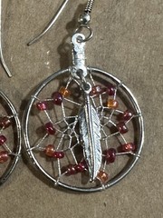 Vtg Costume Silver Tone Dream Catcher Feather Western Dangle Earrings Red Beads