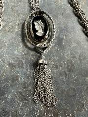 Vintage 30″ Silver Tone Double Strand Glass Cameo & Tassel Pendant Necklace