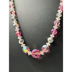 Vintage Beaded Necklace Crystal Pink Clear Aurora Borealis