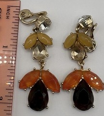 JJG Vtg Clip Dangle Earrings Rhinestone Leaf Drop MCM Mark Beautiful Unique