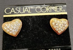 Vintage Casual Corner Heart Rhinestones Gold Color Earrings Surgical Steel Posts