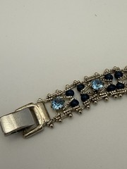Blue Rhinestone Dark Blue Beaded Link Lattice Work Bracelet Silver Tone Vintage