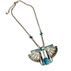 Art Deco-Style Gold Necklace With Blue & Clear Accents Egyptian Revival