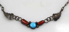Sterling Silver Turquoise Coral Necklace by Navajo Artist Larry Moses Yazzie LMY