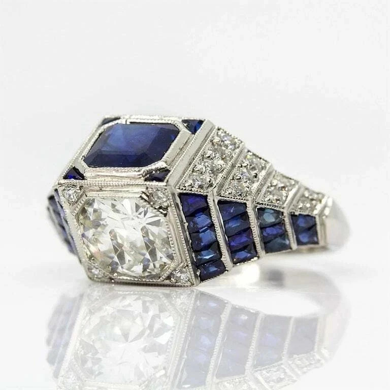5Ct Art Deco Style Lab Created Diamond & Sapphire Wedding 14k White Gold FN Ring