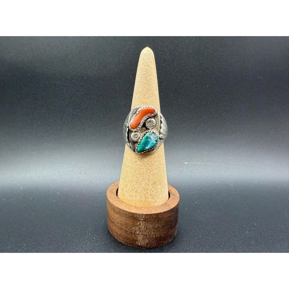 Vintage Native American Turquoise & Coral Ring Size 9 Sterling Silver Men’s Ring