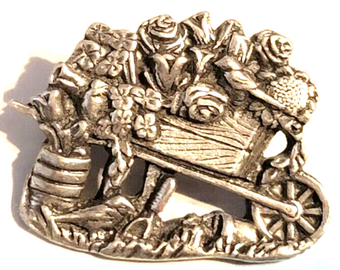 Pewter Brooch Pin Birds and Blooms, 2001 wheelbarrow & flowers Floral sf-59