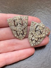 Antique Vintage Silver Plated Pot Metal & Pave Crystal/Rhinestone Dress Clips