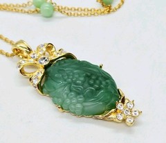 Nolan Miller Necklace Carved Faux Jade Pendant Gold Tone Retired Vintage Rare