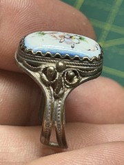 Vintage Hand Painted Porcelain Floral Cabochon Ring Ornate Silver Tone Filigree