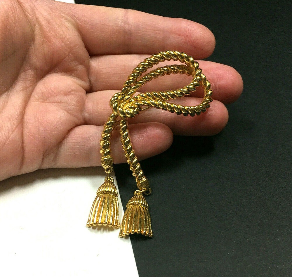 Vintage ICONIC Knotted Rope TASSEL Brooch Nautical Gold PL Dangle R191i