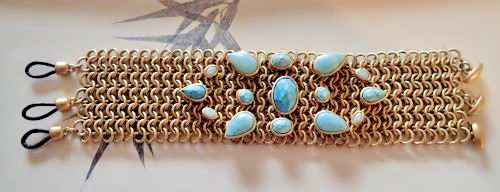 Chunky Wide Brass Metal Meshed Bracelet with Amazonite Stones Signed KC