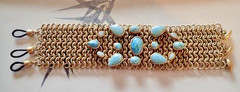 Chunky Wide Brass Metal Meshed Bracelet with Amazonite Stones Signed KC