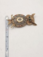 Vintage Owl Brooch Gold Tone Multi Color Rhinestone Figural Bird Pin Green Eyes