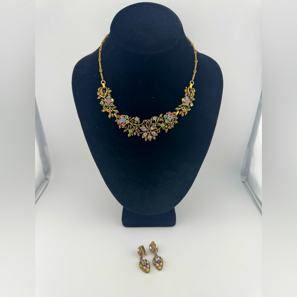 Hollycraft Vintage Floral Gold and Pink Necklace and Earring Set