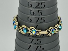 Vintage Iridescent Blue Peacock Oil Slick Rhinestones Gold Tone Bracelet Size 7