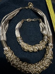 Unmarked jewelry, Gold Silk Ribbon, Gold/silver Accents, Necklace & Bracelet Set