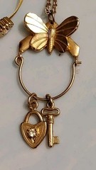 Vtg Butterfly Charm Lock & Key Necklace 24″ & Crystal Wires Bracelet Set