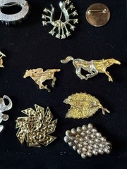 Vintage Brooch Lot of 18 – Rhinestone, Figural, Christmas, Horse, Faux Pearl