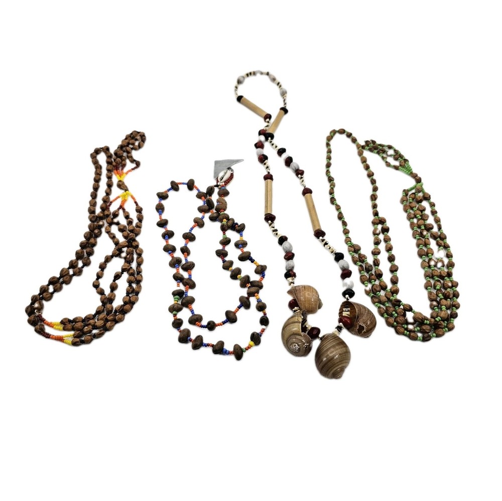 VTG Ethnic Tribal Necklace Lot of 4 Shell Seed Bead Wood Boho Beach Jewelry