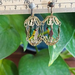 Vintage Pair of Gold Tone Parrots Birds In Cages Dangle Screwback Earrings