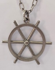 VINTAGE Chunky Modernist Logeskov Tin Denmark Ship’s Wheel Pendant Necklace 26in