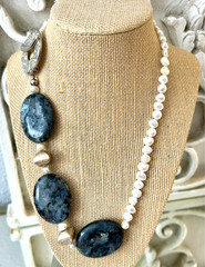 GENUINE PEARL NECKLACE Chunky Gemstone Labradorite & Baroque Pearl Artisan OOAK