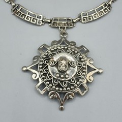 1970-80s Silver Tone Greek Key Revival Helios Sun God Face Pendant Necklace