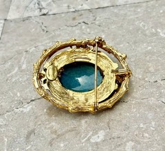 HATTIE CARNEGIE Foil Art Glass Green Blue Cabochons, Rhinestone Pendant Brooch